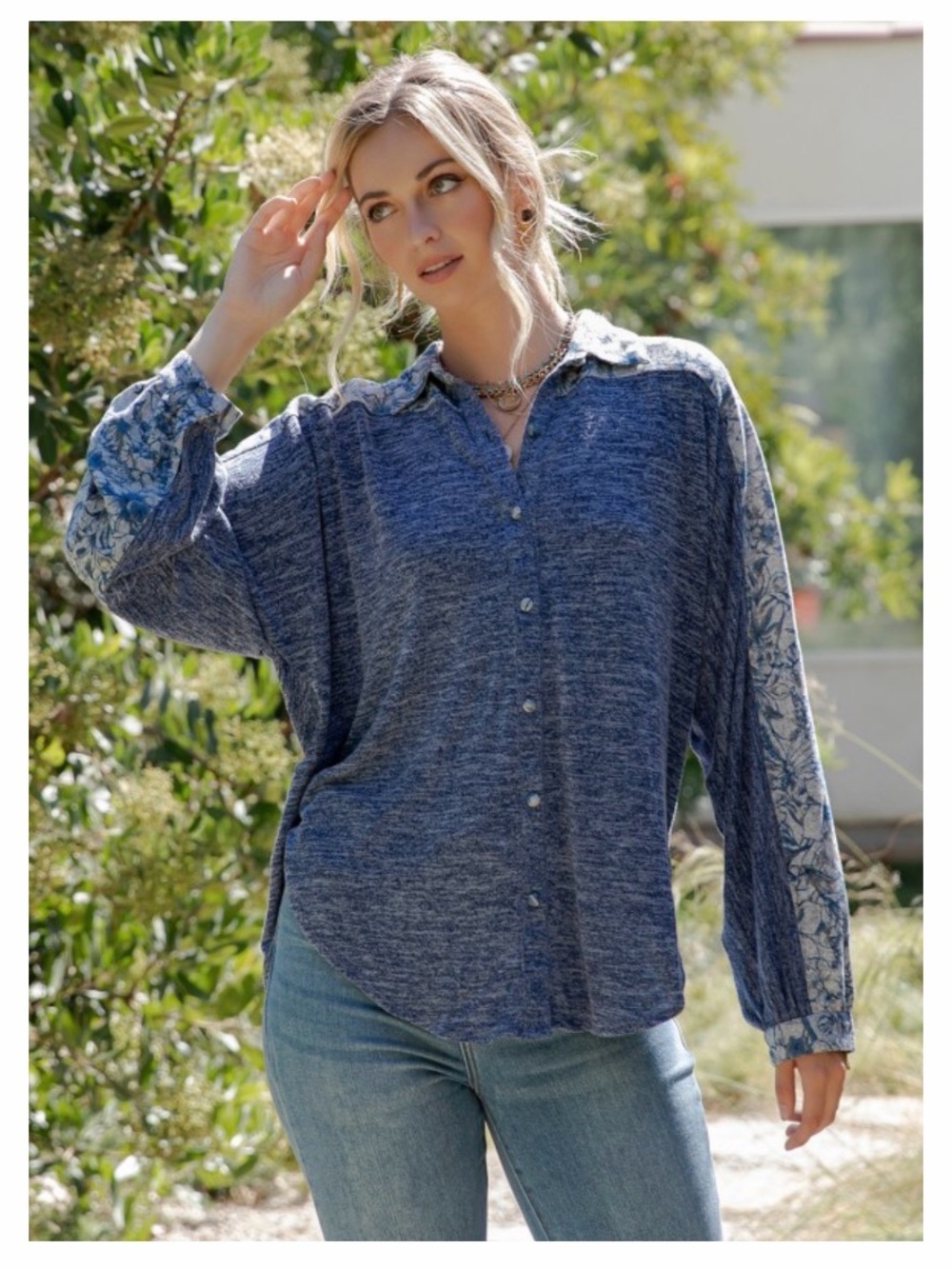 Young Threads Blue Heathered Sweater Knit Floral Batwing Button Up Shirt NWT S